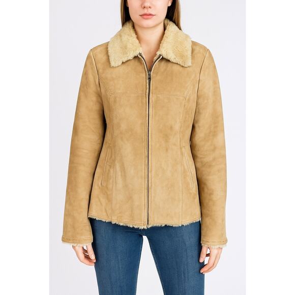 Vintage Jackets & Blazers - Avanti Vintage 90s Penny Lane Faux Fur Camel Suede Leather Jacket Size Large